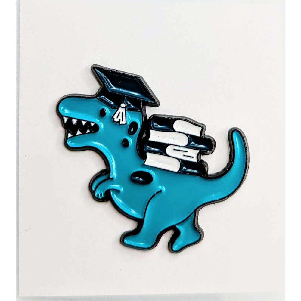 Blue T-Rex Tyrannosaurus Rex Dinosaur Graduation With Books Enamel Pin